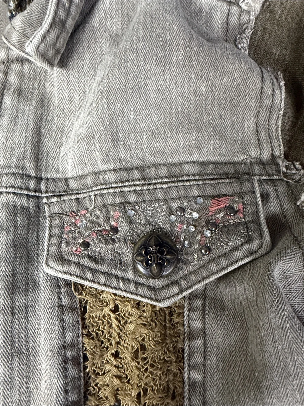 Miss Me Olive Knit-Sleeve Denim Jacket with Lace Panels